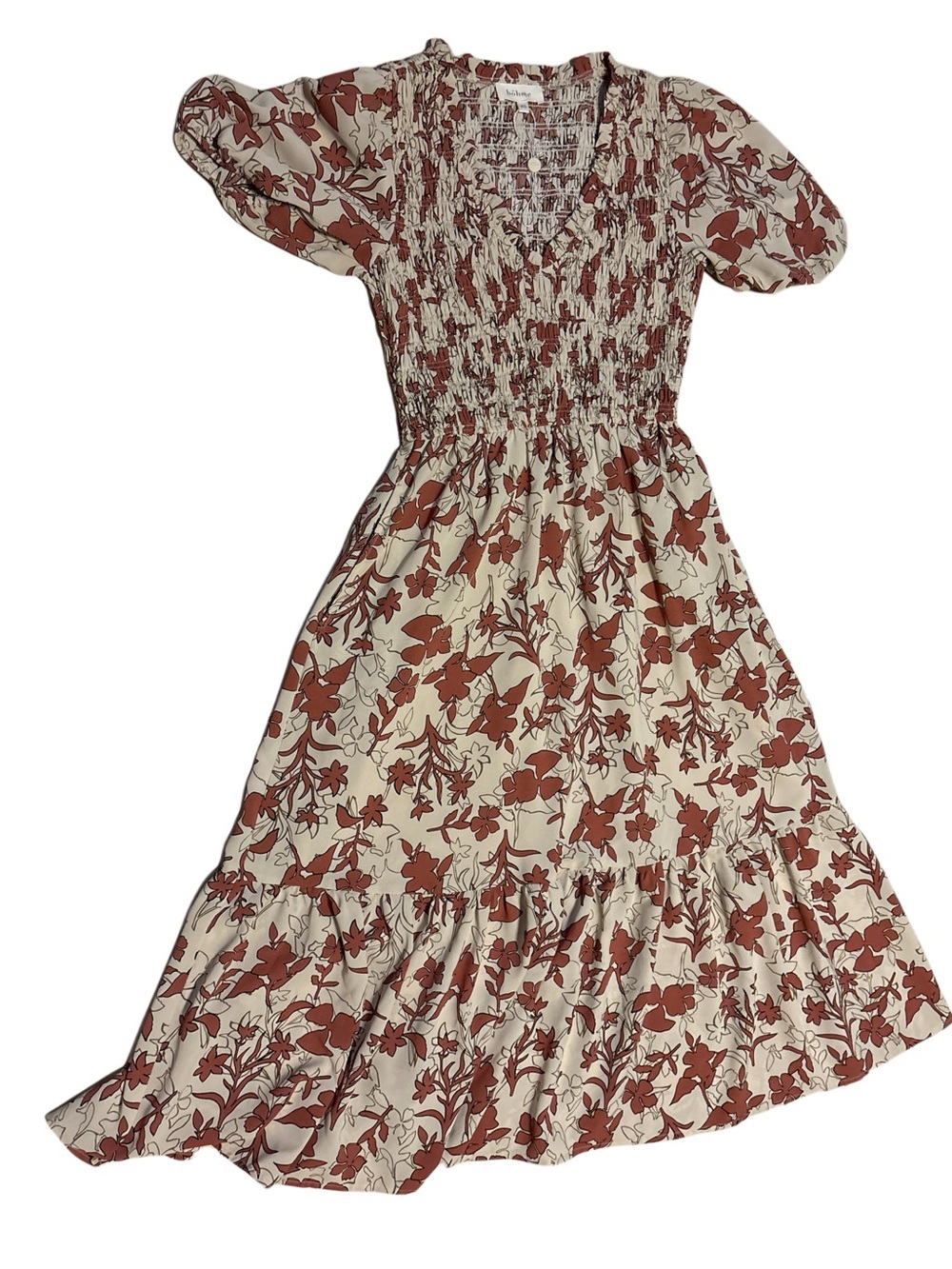 Smocked Floral Midi Dress in Cream with Rust Floral Print